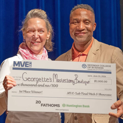 At left, Kasey Torres, first-prize winner, stands with Michael Hyacinthe, MVE-Lab lead instructor and ambassador.